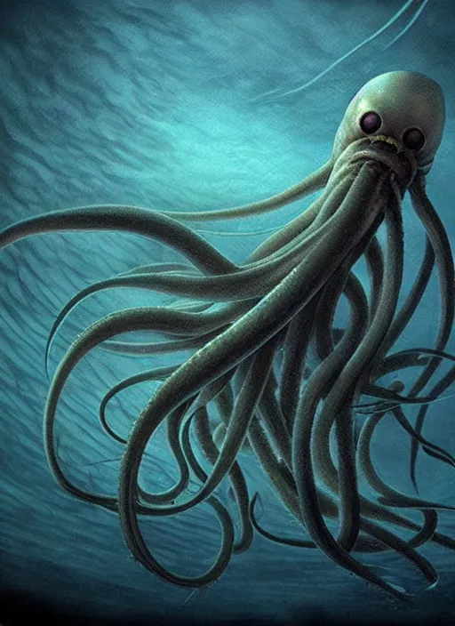 Prompt: bigfin squid, eldritch horror, monster, ominous underwater environment, dark souls, terrifying, epic surrealism