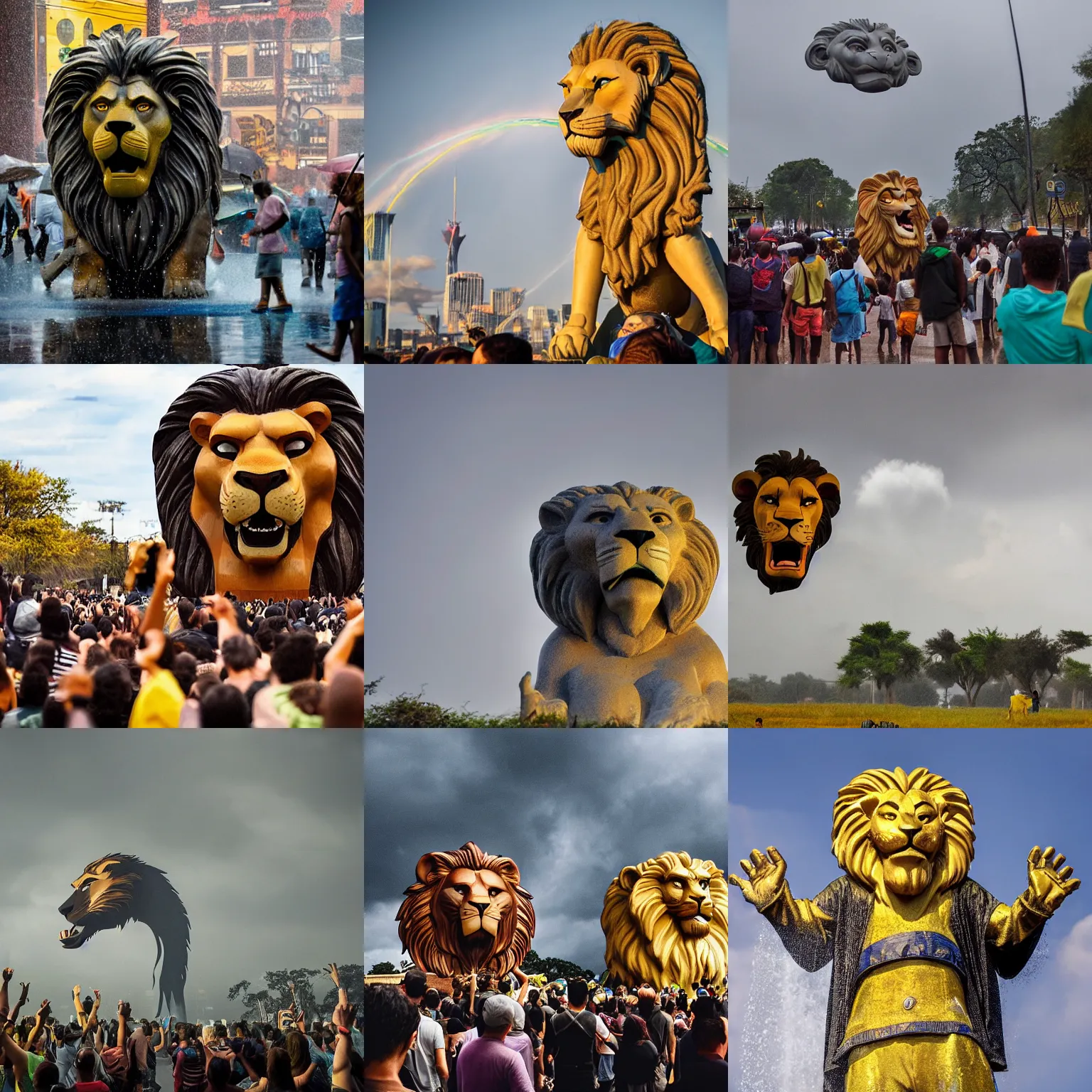 Image similar to people standing in the toxic rain worship the giant cartoon lion head of king mufasa fly from the epic magical skies, king mufasa fly in sky