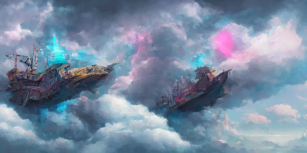 Image similar to a ship floating high in the clouds, fantasy, trending on artstation, digital art, hyper detailed, hyper colorful, cinematic