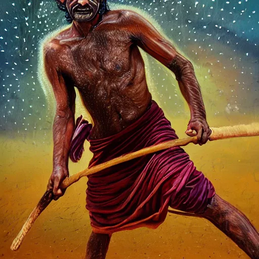 Image similar to portrait of head and body, single bangla farmer fighting on hoseback, hand to hand combat with machete, wielding machete, wearing a long lungi, full body view, long flowing hair, fighting for his life, nebula aura surrounding subject, hellscape, nestor canavarro art style, hyperrealist art style, sharp outlines