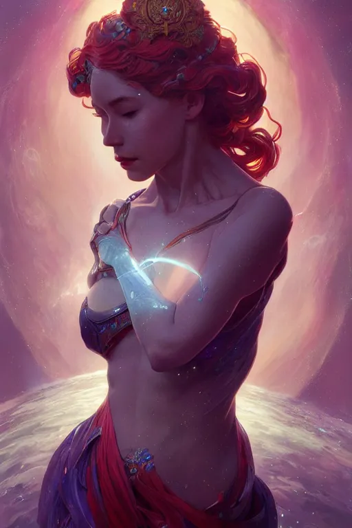 Prompt: goddess of space and time, accurate anatomy, only two hands, highly detailed, digital painting, artstation, concept art, smooth, sharp focus, illustration, Unreal Engine 5, 8K, art by sakimichan, artgerm and greg rutkowski and alphonse Mucha