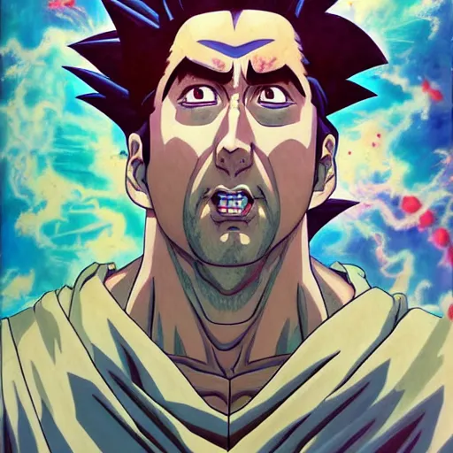 Image similar to prompt : goku nicolas cage illustration portrait soft light painted by james jean and katsuhiro otomo and erik jones, inspired by evangeleon anime, smooth face feature, intricate oil painting, high detail illustration, sharp high detail, manga and anime 1 9 9 9