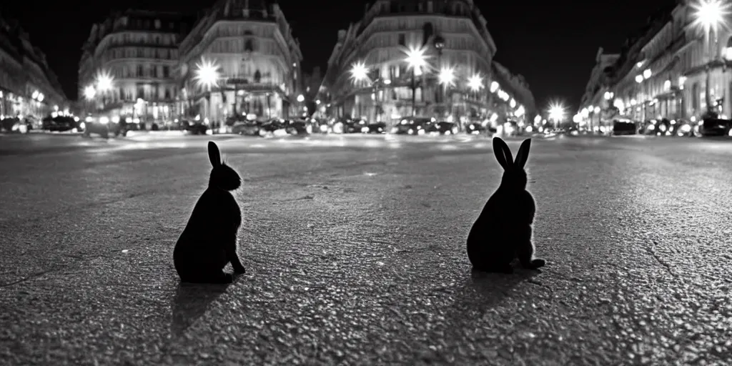 Image similar to a rabbit sitting outside a cafe in paris at night, the eiffel tower is visible in the background, black and white photograph