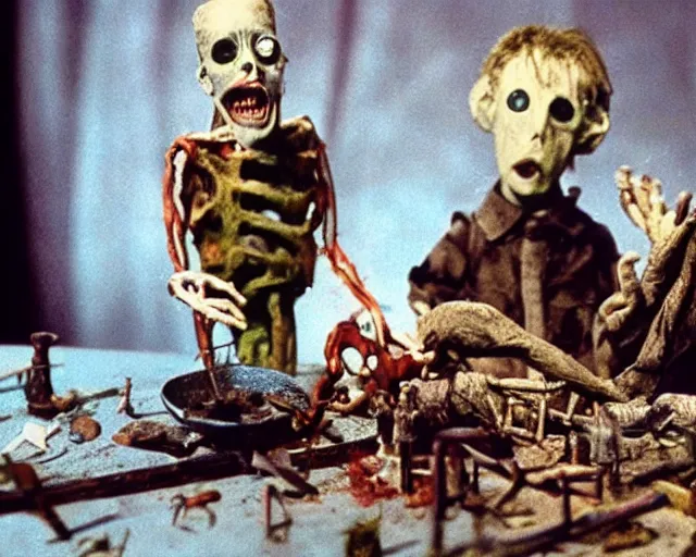 Image similar to still from a full - color 1 9 8 5 creepy live - action stop - motion puppetry film by the brothers quay in the style of a tool music - video, involving nails and soap, inside elaborate dioramas.