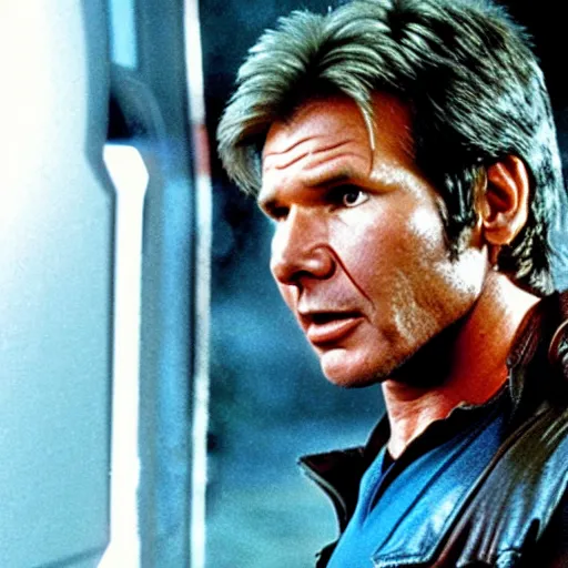 Image similar to film still of 1980s Harrison Ford as Star Lord in Guardians of the Galaxy