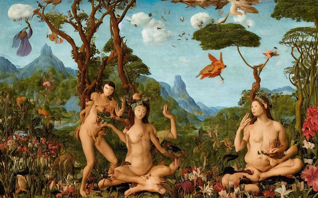 Prompt: a portrait photograph of a meditating harpy and a centaur king feeding tropical animals at a wide river delta. surrounded by bulbous flowers, animals and trees. mountain range under a vast blue sky of burning stars. painted by jan van eyck, max ernst, ernst haeckel and artgerm, cgsociety, artstation, fashion editorial