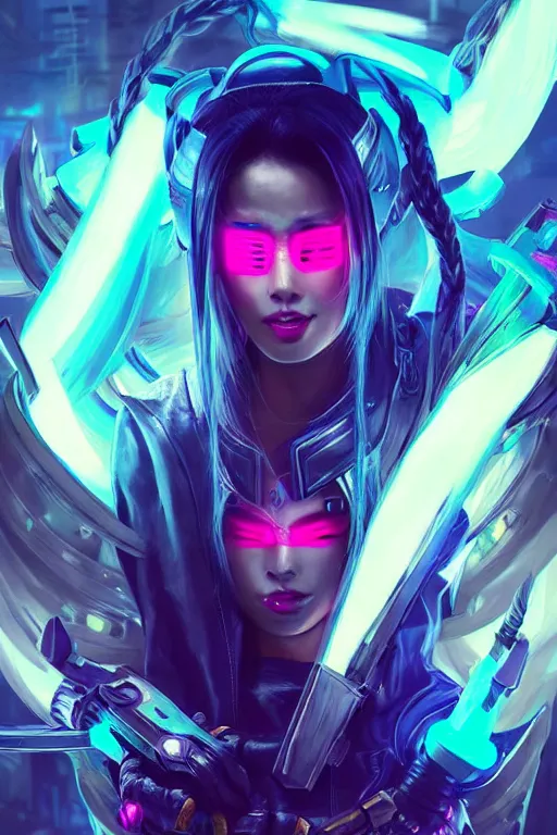 Image similar to akali from league of legends, cyberpunk futuristic neon. wearing ninja face mask decorated with traditional japanese ornaments by ismail inceoglu dragan bibin hans thoma greg rutkowski alexandros pyromallis nekro rene maritte illustrated, perfect face, fine details, realistic shaded, fine - face, pretty face, masterpiece