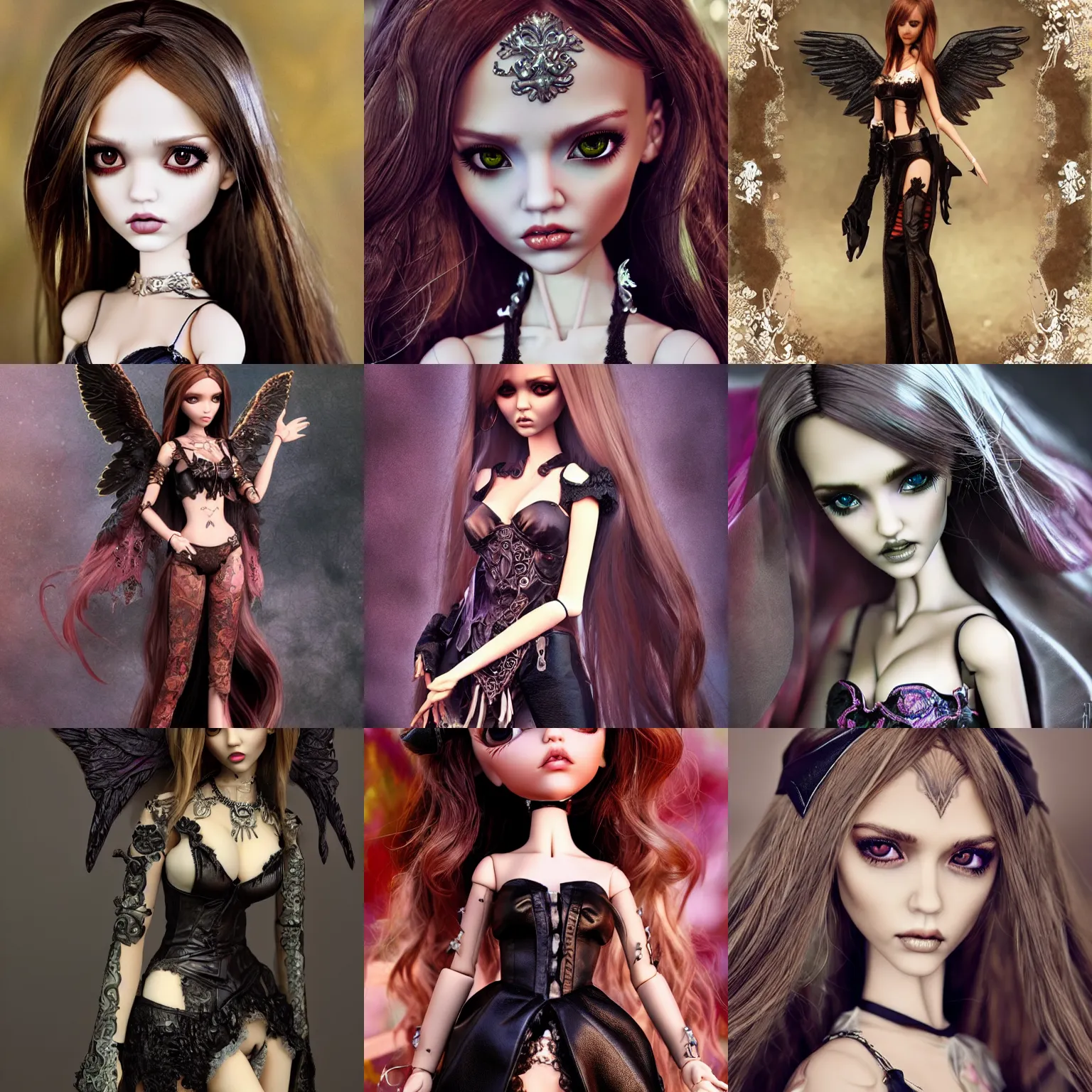 Prompt: jessica alba as a dark angel bjd doll, leather, ever after high, ornate floral, artstation, artgerm, mucha, wlop, loish,