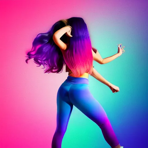 Image similar to a award winning full body shot of a beautiful woman in a croptop and leggings with a ombre purple pink teal hairstyle with head in motion and hair flying, outrun, vaporware, vivid colors, highly detailed, fine detail, intricate