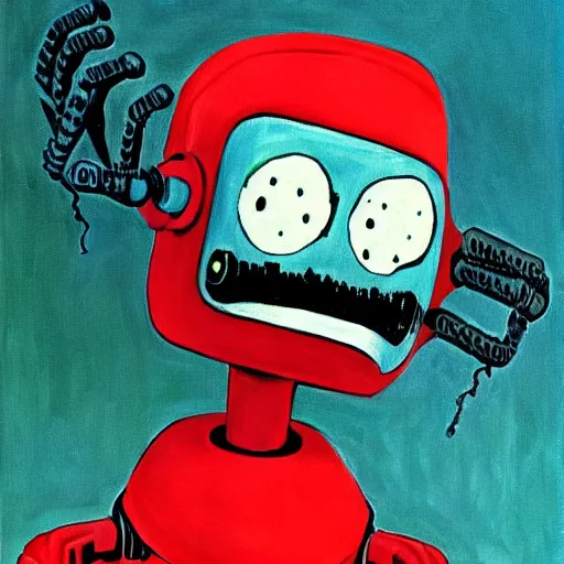 Prompt: painting of a robot by dr seuss | horror themed | creepy