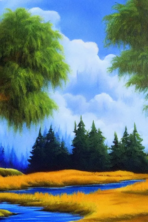 Image similar to a bob ross traditional landscape painting