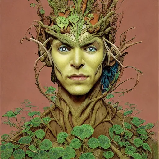 Image similar to Face Head Eyes Rootpunk Elven Physique Portrait of a Shaman Guy wearing an ivy costume lichen disguised as a human standing atop a red clay pot greg rutkowski jen bartel dragan bibin peter mohrbacher anna podedworna arthur rackham salvador dali octavio ocampo jacek yerka winslow homer norman rockwell uta natsume prismacolor tombow quill