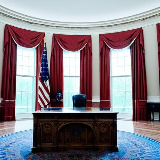 Prompt: the inside of the oval office decorated in modern minimalism