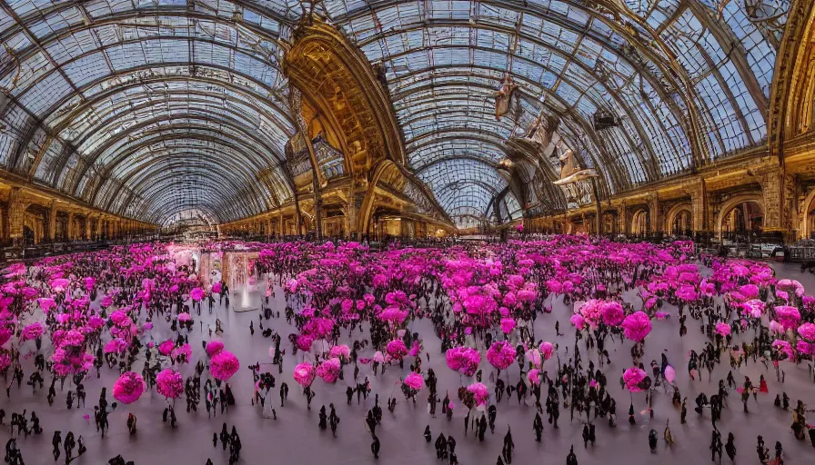 Image similar to victoria secret parade in the galeries nationales du grand palais in paris, light, shadows, reflections, flowers, epic composition, intricate, elegant, volumetric lighting, 4 k resolution, octane render, unreal engine, ultradetailed, photorealistic, ultrarealism, trending on artstation