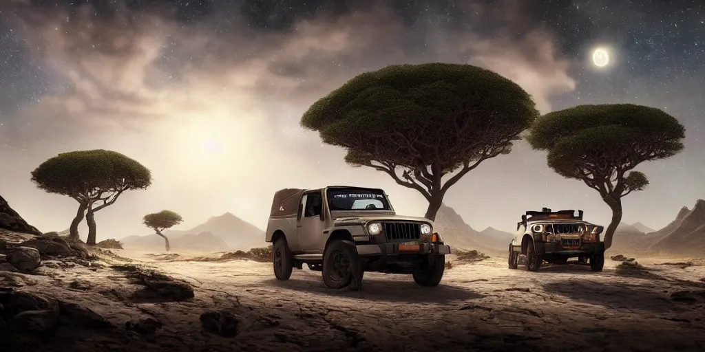 Image similar to mahindra thar riding through moonlit socotra island with dragon trees, starry night, chasing action scene, epic fantasy, sharp focus, trending on ArtStation, masterpiece, by Greg Rutkowski, by Ross Tran, by Fenghua Zhong, octane render, soft render, ultrarealistic, colorful, cinematic, matte painting, shadow of the tomb rider