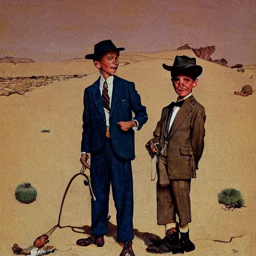 Image similar to dapper men in a desert, by norman rockwell