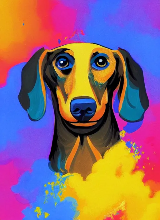 Image similar to a painting of a dachshund face with blue and yellow smoke coming out of, a digital painting by petros afshar, behance contest winner, digital art, behance hd, digital illustration, digital painting