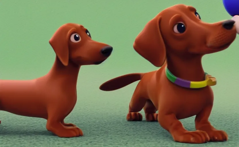 Image similar to happy dachshund catching a ball, cgi, 3 d animation, pixar