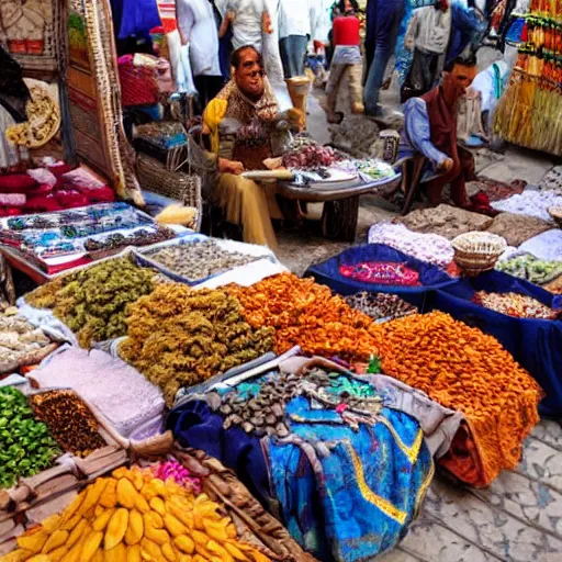 Image similar to an open air market in Egypt, vendors are selling wares, ancient relics, and mysterious trinkets