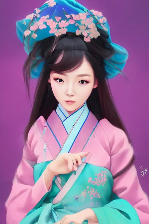 Image similar to pretty korean woman wearing beatiful hanbok, face by artgerm, bright pastel colors, studio ghibli painterly style, trending on artstation, tarot card