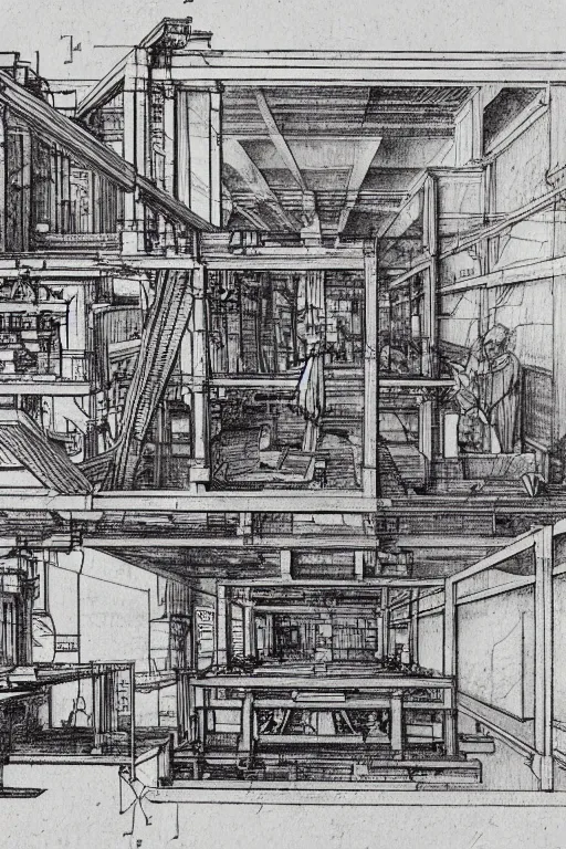 Prompt: a Leonardo DaVinci sketch of an innovation factory powered by the human imagination, in the style of a US Patent drawing