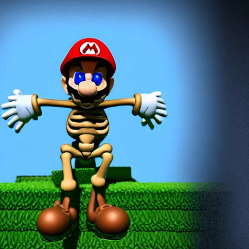 Prompt: A skeleton in the game Super Mario 64, unreal engine, highly detailed, vray, 8k