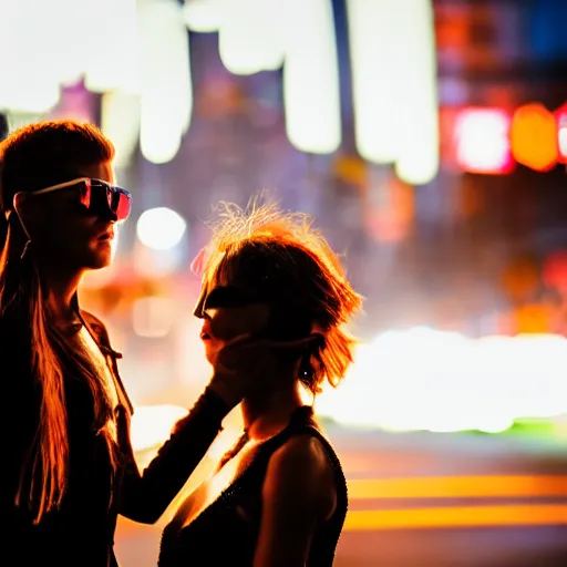 Prompt: closeup of face, steam punk, dramatic neon lighting, F1.5, hair being blown around, city behind them