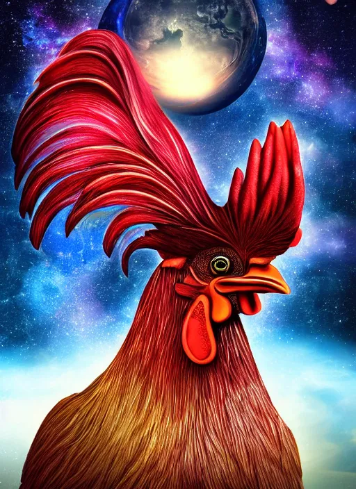 Prompt: rooster in a planetary scene, mystical, astral, digital art, concept art, 4 k hd, symmetrical portrait