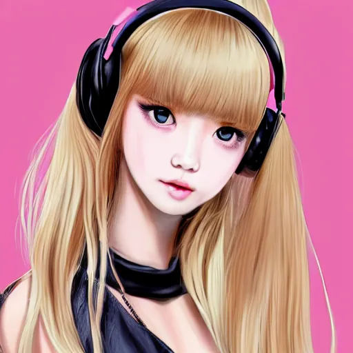 Image similar to realistic beautiful gorgeous natural cute Blackpink Lalisa Manoban blonde hair cute fur blonde cat ears, wearing camisole, wearing headphones, wearing black leather choker artwork drawn full HD 4K highest quality in artstyle by professional artists WLOP, Taejune Kim, Guweiz on Artstation Pixiv