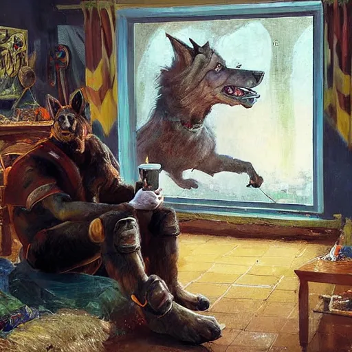 Image similar to a humanoid german shepherd beast - man, sitting and watching a soccer match in his house on television, he has hurt his knee and is a dad, by erin hanson, alexi zaitsev, karl spitzweg, award winning, tv set