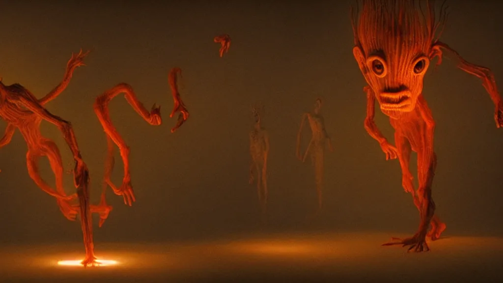 Prompt: the strange creature, made of glowing oil, they suffer from katagelophobia, film still from the movie directed by denis villeneuve and david cronenberg with art direction by salvador dali and dr. seuss