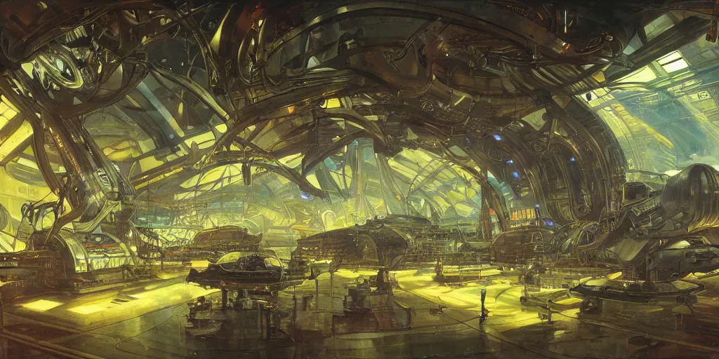 Prompt: wide shot, interior of an alien spaceship, futuristic, hyperrealism, heavy machinery, humanoids working, neon tubes crepuscular rays, ray tracing, by alphosne mucha adolf hiremy hirschl