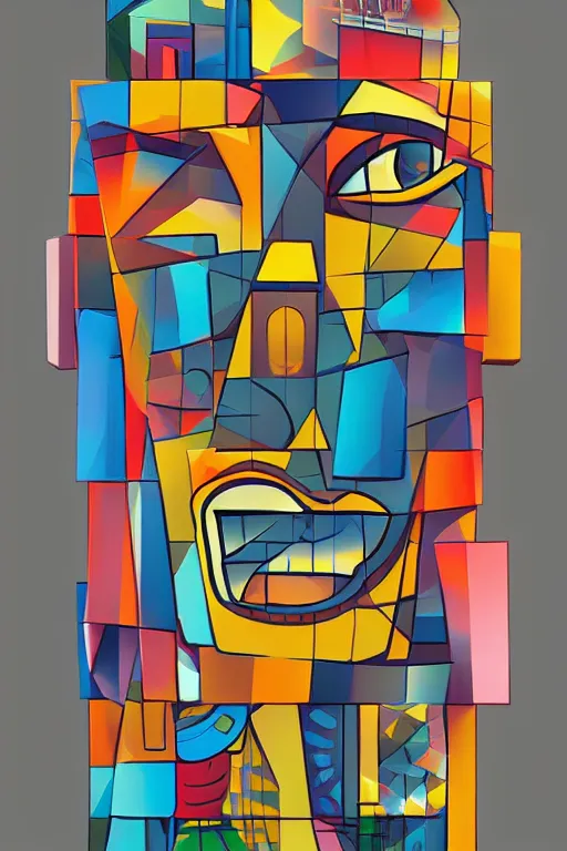 Image similar to cubist moai statue cutout digital illustration cartoon colorful beeple