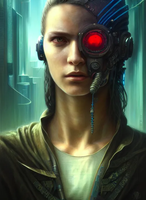 Prompt: portrait shot of cyberpunk teenager in a scenic dystopian environment, intricate, elegant, highly detailed, centered, digital painting, artstation, concept art, smooth, sharp focus, illustration, artgerm, tomasz alen kopera, peter mohrbacher, donato giancola, joseph christian leyendecker, wlop, boris vallejo