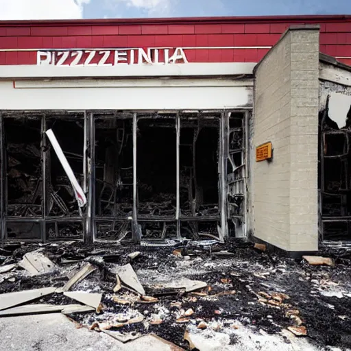 Image similar to the outside of an abandoned pizza restaurant that burnt to the ground, realistic photo