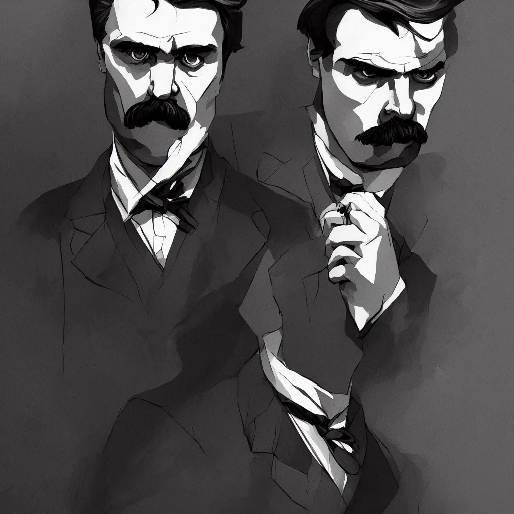 Image similar to Portrait of Friedrich Nietzsche in his Suit with a chiseled Jawline and serious Look, in the Style of Artgerm and Charlie Bowater and Mike Mignola, rim light, moody colors, hard shadows, colorful, plain background, trending on artstation