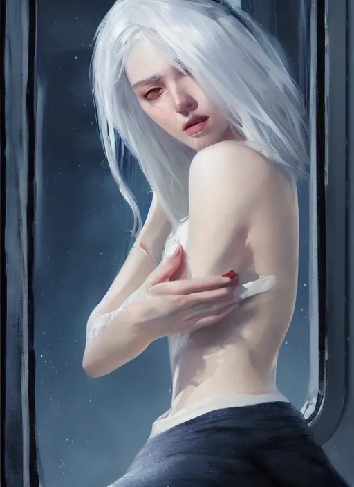 Prompt: a beautiful white haired girl sitting on a window wearing a crop top, official art, gorgeous detailed face, cyberpunk, anime style, by jeremy lipking, by charlie bowater, cgsociety, realistic expressive oil painting, digital art