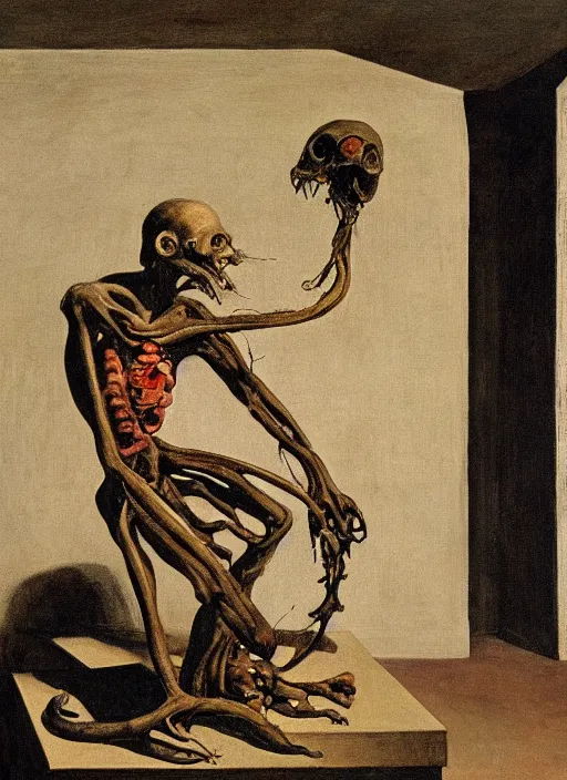 Image similar to a teratoma in the middle of a museum room realizing that he has consciousness painted by edward hooper and goya and giorgio de chirico