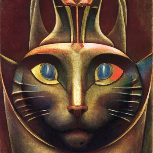 Prompt: masterpiece painting of an ancient polychrome sculpture of a mechanical cat head, by annie swynnerton and diego rivera and nicholas roerich and jean delville, symbolist, dramatic lighting, god rays, elaborate geometric ornament, art brut, rich colors, smooth sharp focus, extremely detailed, adolf wolfli