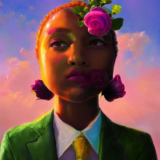 Image similar to closeup, giant rose flower under head, frontal, girl in a suit, surreal photography, sunrise, dramatic light, impressionist painting, digital painting, artstation, simon stalenhag