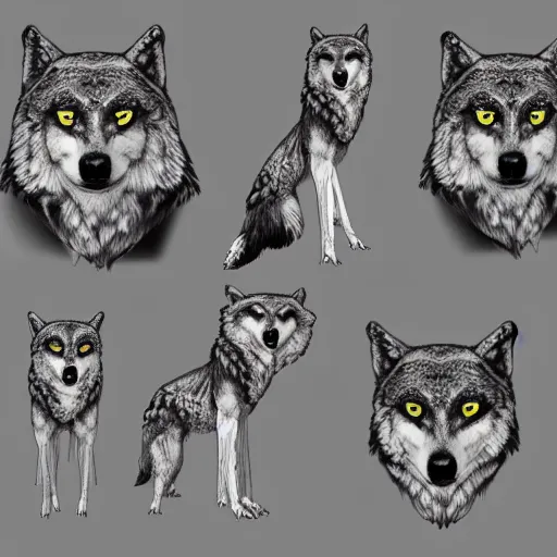 Image similar to ( ( ( ( wolf ) ) ) ) with the head of an owl, art reference sheet, featured on artstation