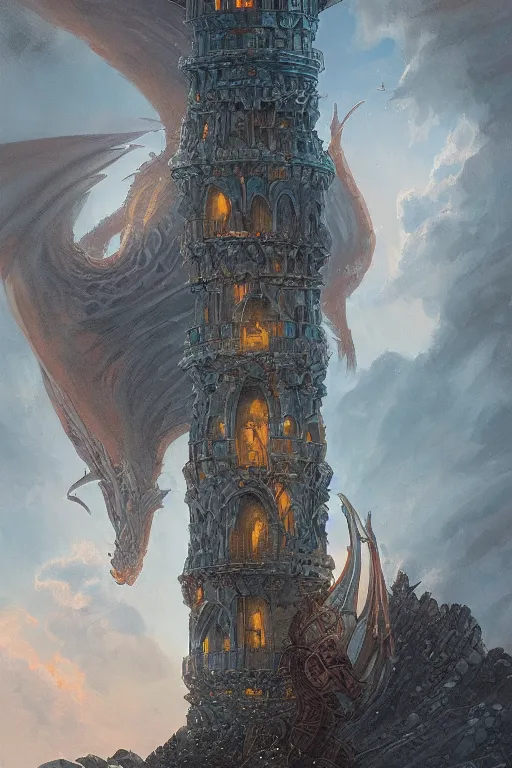 Prompt: Detailed Exterior Shot of Dragon Lighthouse of Alexandria, light of sorrow, moonlight shafts, swarm sorrow, in Style of Peter Mohrbacher, cinematic lighting