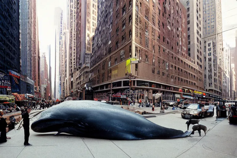 Prompt: closeup potrait of a massive whale in a new york street, natural light, sharp, detailed face, magazine, press, photo, Steve McCurry, David Lazar, Canon, Nikon, focus