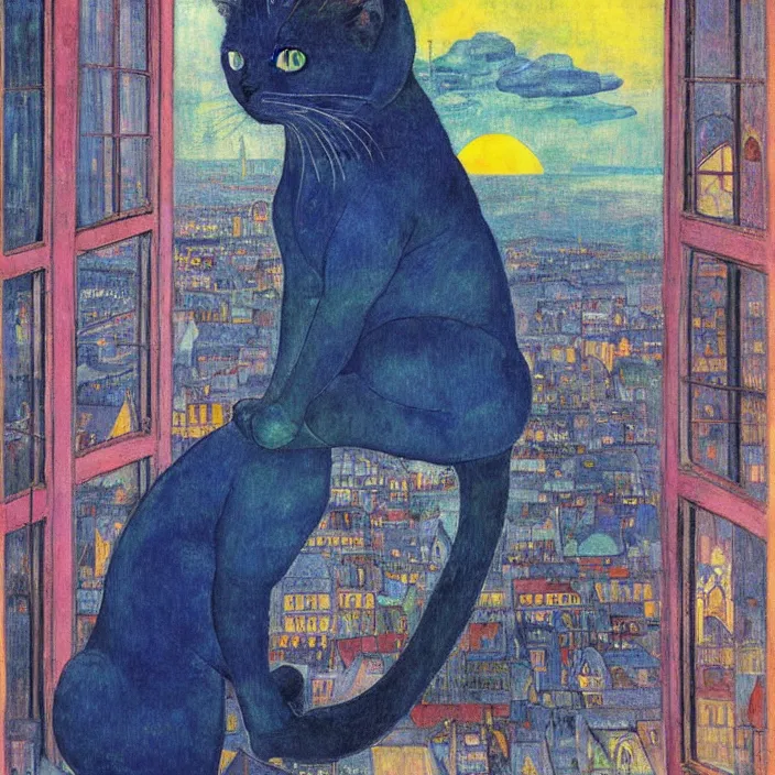 Image similar to dark blue indigo cat sitting in a window, looking at the city with gothic cathedral. sun setting through the clouds, vivid iridescent psychedelic colors. gauguin, agnes pelton, egon schiele, henri de toulouse - lautrec, utamaro, monet
