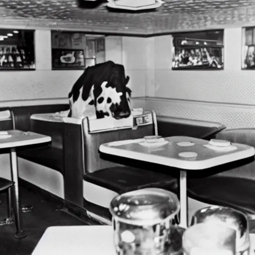 Prompt: photo of a cow eating a hamburger in a 1950's diner.