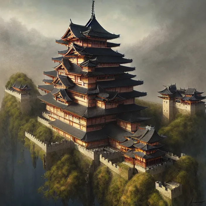 Image similar to matte painting by marc simonetti, jonathan solter, greg rutkowski of a japanese castle, masterpiece, cinematic, hyperdetailed, photorealistic, hyperrealism, architecture, aerial view,