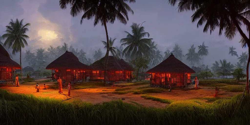 Prompt: establishing shot of a kerala village with thatched houses designed by zaha hadid, an epic fantasy, dramatic lighting, cinematic, extremely high detail, photorealistic, cinematic lighting, matte painting, artstation, by simon stalenhag, horizon forbidden west