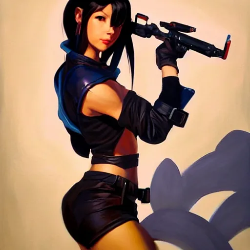 Image similar to Greg Manchess portrait painting o Tifa Lockheart as Overwatch character, medium shot, asymmetrical, profile picture, Organic Painting, sunny day, Matte Painting, bold shapes, hard edges, street art, trending on artstation, by Huang Guangjian and Gil Elvgren and Sachin Teng