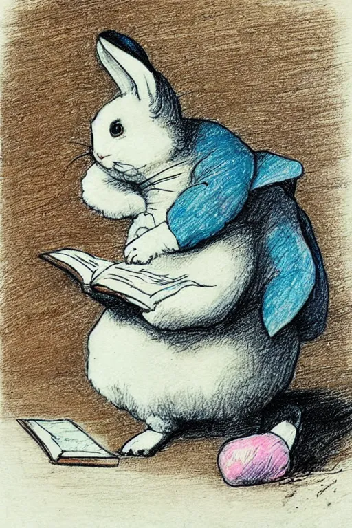 Image similar to drawing of white rabbit reading a book,Beatrix Potter, turquoise