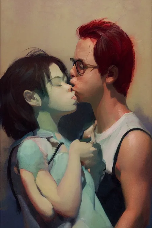 Prompt: a portrait of a young todd solondz, kissing a girl, vivid colors, soft lighting, atmospheric, cinematic, moody, in the style of francis bacon and ilya kuvshinov and range murata, krenz cushart, oil on canvas, 8 k